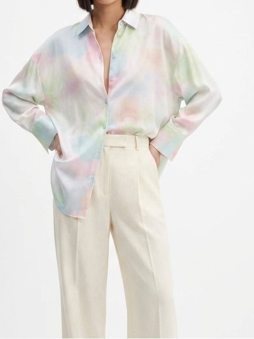 Zara Pastel Watercolor Button-Down Shirt in Pink, Blue, Green
